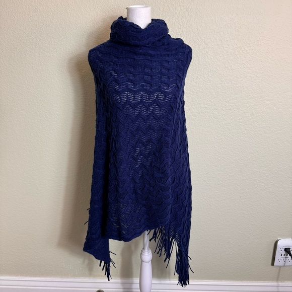 Zoe Madison Women's Sweater Blue Turtleneck Poncho One Size Knit - Picture 1 of 6